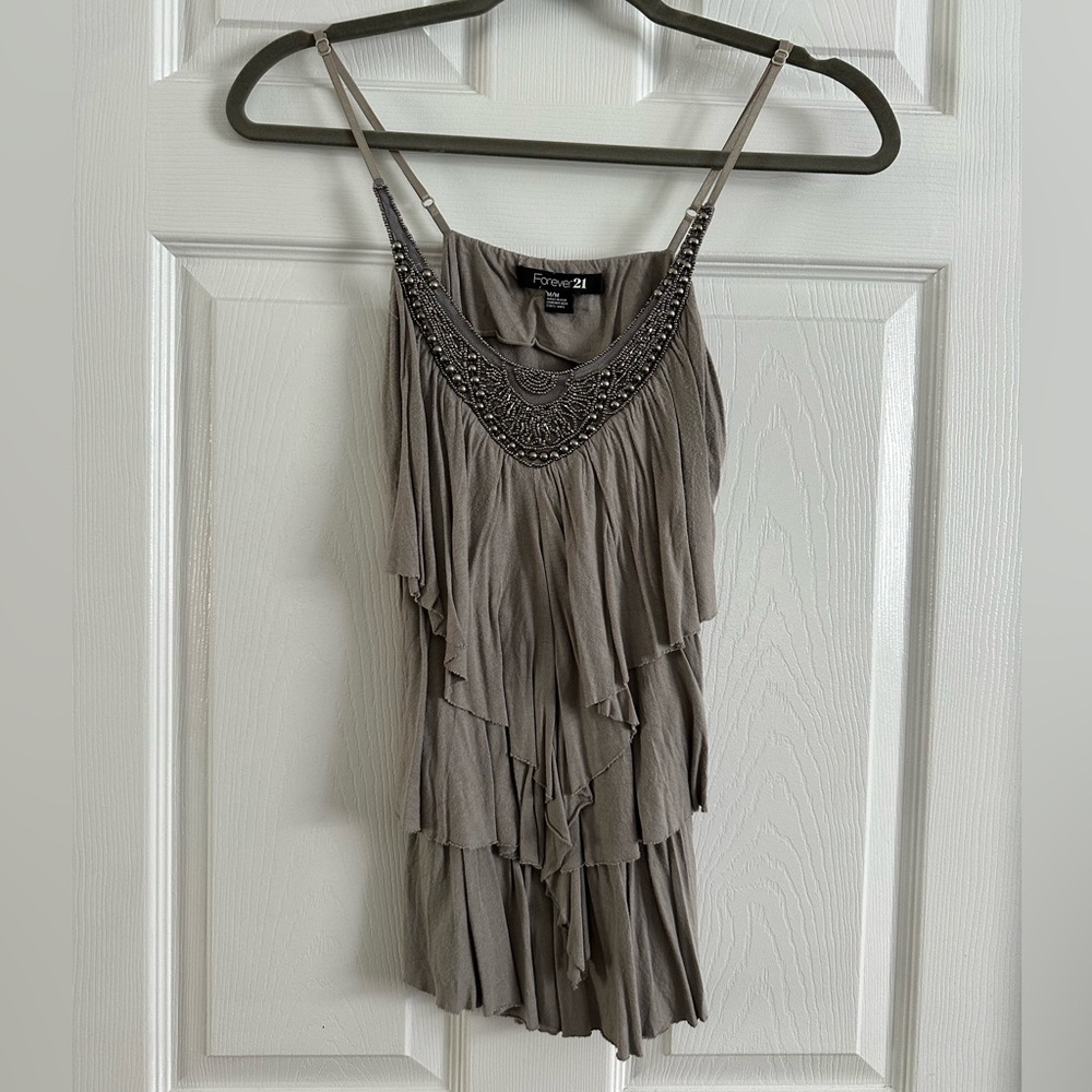 Forever 21 Grey Thin Strap Tank Top with Beads Across Neckline